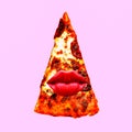 Contemporary visual art collage. Minimal concept. Pizza and lips. Pizza kisses