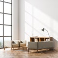 Contemporary waiting room interior with panoramic window and empty wall