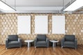 Contemporary waiting room with three chairs and blank poster on wall