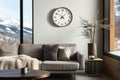 Contemporary wall clock in stylish light room. Snow covered landscape outside. Concept of transition to winter time Royalty Free Stock Photo