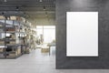 Contemporary warehouse interior with empty mock up poster on wall, racks, boxes, city view and daylight. Logistics and shipping