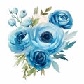 Contemporary Watercolor Ranunculus Arrangement In Ocean Blue Hues