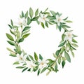 Contemporary Watercolor Wreath Of White Flowers And Green Leaves Royalty Free Stock Photo