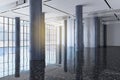 Contemporary white concrete business center hall interior with reflections, windows and bright city view. Royalty Free Stock Photo