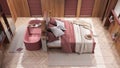 Contemporary wooden bedroom with bathtub in red and beige tones. Double bed, freestanding bathtub and parquet floor. Top view, Royalty Free Stock Photo