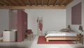 Contemporary wooden bedroom with bathtub in white and red tones. Double bed, freestanding bathtub and resin floor. Beams ceiling, Royalty Free Stock Photo