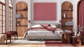 Contemporary wooden bedroom with parquet and arched windows. Double bed, carpets and armchairs in white and red tones. Japandi Royalty Free Stock Photo