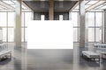 Contemporary wooden and concrete gallery interior with empty white mock up billboard, columns, window with city view and daylight Royalty Free Stock Photo