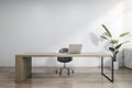 Contemporary wooden and concrete office interior with mock up place, workplace desk, laptop, chair, decorative plant, blinds and Royalty Free Stock Photo