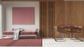 Contemporary wooden dining and living room in white and red tones. Sofa, table with chairs and resin floor. Beams ceiling, japandi Royalty Free Stock Photo