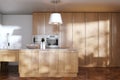 Contemporary wooden kitchen in new white room 3d render