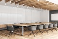 Contemporary wooden meeting room with billboard