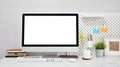 Contemporary workspace with empty screen computer and office supplies on marble table. Royalty Free Stock Photo