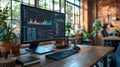 A contemporary workspace setting featuring technology, greenery