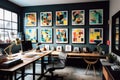 Contemporary Workspace With Wall Of Small Geometric Frames Holding Colorful Abstract Art. Generative AI