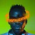Contemporay artwork. African man with pixel parts in stylish sunglasses with neon lettering around head isolated over