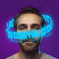 Contemporay artwork. Man with neon lettering around pixel head over purple background