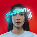 Contemporay artwork. Young beautiful girl with neon lettering around pixel head isolated over red background