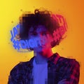Contemporay artwork. Young curly boy in checkered shirt with neon lettering around head over yellow background