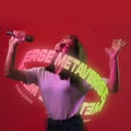 Contemporay artwork. Young emotive woman with neon lettering around body singing over red background