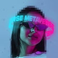 Contemporay artwork. Young stylish woman in sunglasses with neon lettering around pixel head over blue