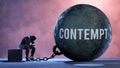 Contempt and an alienated suffering human. A metaphor showing Contempt as a huge prisoner's ball bringing pain and keepi