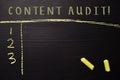 Content Audit! with color chalk. Supported by an additional services. Blackboard concept