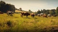 Content cows leisurely graze in a sun-kissed meadow, their gentle movements and warm hues