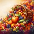 Vibrant cornucopia overflowing with autumn harvest fruits and vegetables.