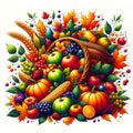 Vibrant cornucopia overflowing with autumn harvest fruits and vegetables.