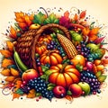 Vibrant cornucopia overflowing with autumn harvest fruits and vegetables.