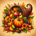 Vibrant cornucopia overflowing with autumn harvest fruits and vegetables.