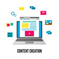 Content creation concept. Laptop with website on screen and elements of development. Social media and blogging. Vector