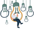 Content creation, creative person vector concept. Man sitting in lighbulb with laptop. Symbol of