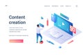 Content creation. Isometric vector web banner. Copywriting and content marketing. Blogging, article writing