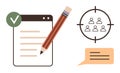 Content creation process with checklist, pencil, target audience, and feedback message elements Royalty Free Stock Photo