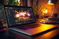 Content creator gear laptop with fire and smoke in the home office with Ai Generated Royalty Free Stock Photo