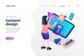 Content design isometric landing page template female SMM specialist selecting materials for social media posts