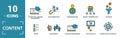 Content icon set. Include creative elements cost per click, crowdsourcing, curation, exit rate, gamification icons. Can be used
