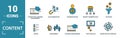 Content icon set. Include creative elements cost per click, crowdsourcing, curation, exit rate, gamification icons. Can be used