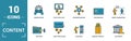 Content icon set. Include creative elements cost per click, crowdsourcing, curation, exit rate, gamification icons. Can be used