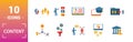 Content icon set. Include creative elements cost per click, crowdsourcing, curation, exit rate, gamification icons. Can be used