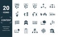 Content icon set. Include creative elements cost per click, crowdsourcing, curation, exit rate, gamification icons. Can be used