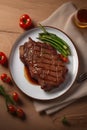 Delicious fried meat steak on a wooden plate professional photo, cinematic light, high quality product image