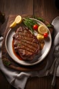 Delicious fried meat steak on a wooden plate professional photo, cinematic light, high quality product image