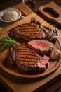 Delicious fried meat steak on a wooden plate professional photo, cinematic light, high quality product image