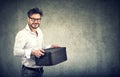 Content man with stuff box Royalty Free Stock Photo