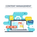 Content Management and Blogging concept in flat design. Creating, marketing and sharing of digital - vector illustration