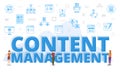 content management concept with big words and people surrounded by related icon with blue color style Royalty Free Stock Photo