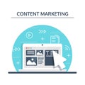 Content Management, SMM and Blogging concept in flat design. Creating, marketing and sharing of digital - vector Royalty Free Stock Photo